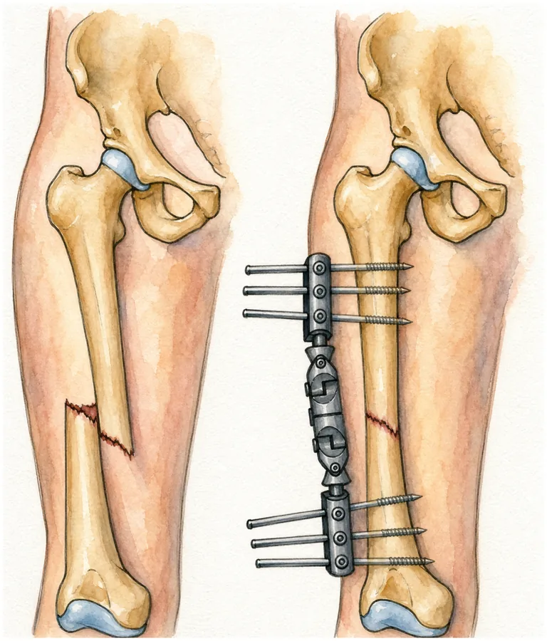 Femur fracture fixed with an external fixator