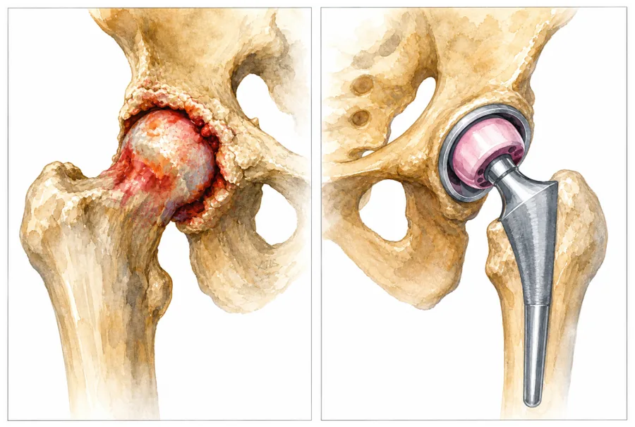 Hip before and after total hip replacement