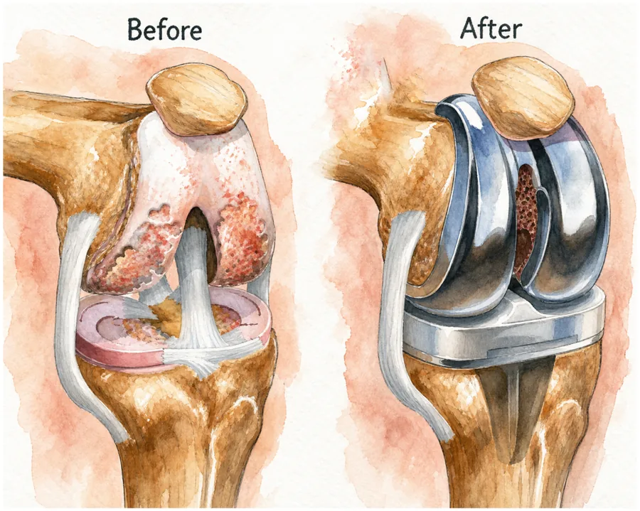 Knee before and after total knee replacement