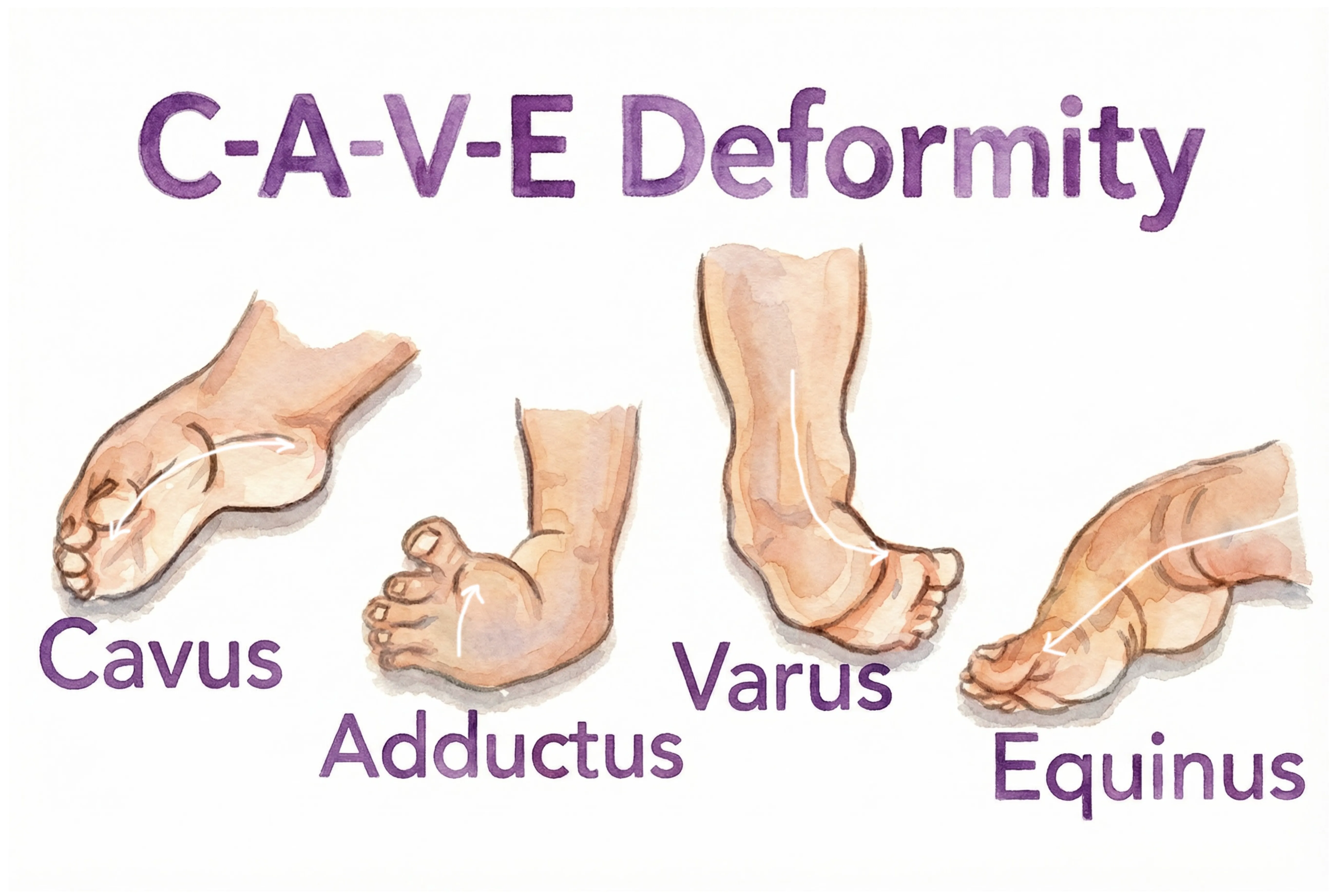 CAVE deformity components of clubfoot – Cavus Adductus Varus Equinus – Ponseti correction