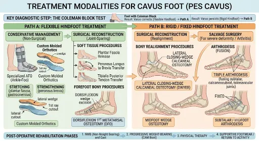Cavus foot causes and treatment strategies chart - neurological causes, deformity types, diagnostic tests and treatment options