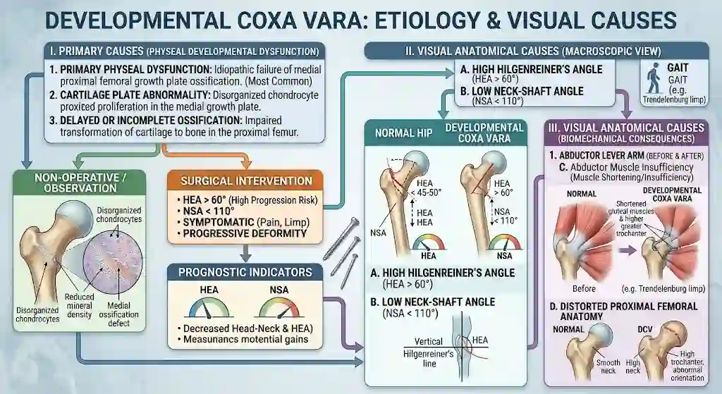Developmental coxa vara etiology chart - physeal dysfunction, high Hilgenreiner epiphyseal angle, low neck-shaft angle and abductor insufficiency
