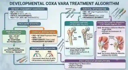 Developmental coxa vara treatment algorithm - observation criteria, valgus osteotomy and trochanteric transfer