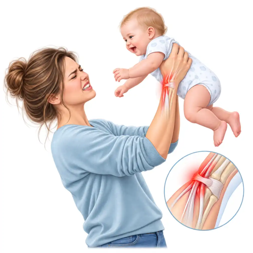 The classic story: a new mother, four to twelve weeks after delivery, with pain on the thumb side of the wrist that is worst when she lifts the baby under the arms.