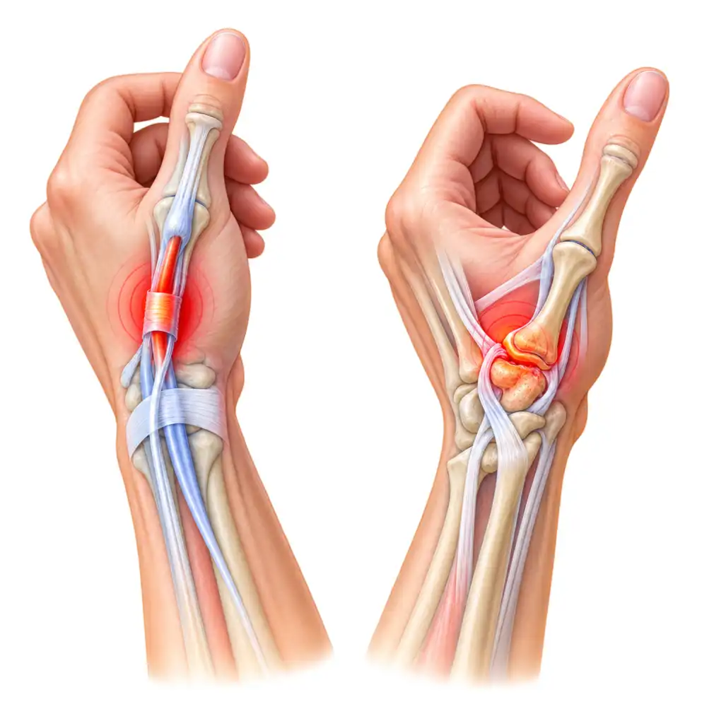 This is not arthritis. Arthritis hurts in the thumb base joint itself; this hurts over the tendon tunnel, an inch or so above it.