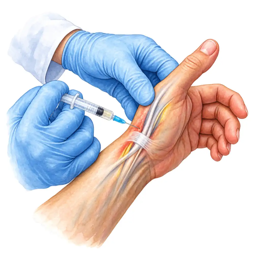A steroid injection into the tendon sheath. Together with the splint it settles 70 to 80 in every 100 people.