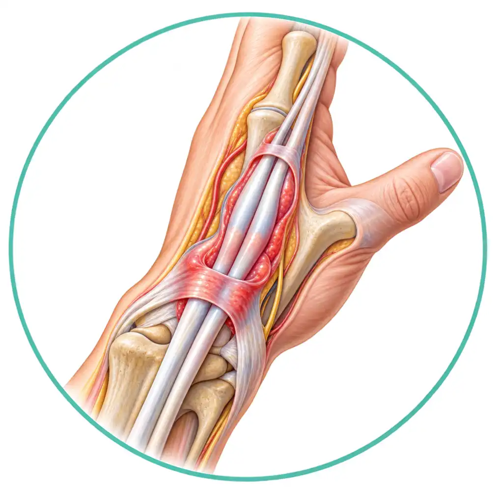 Two tendons that move the thumb run through a narrow tunnel at the wrist. When the sheath thickens they can no longer glide, and every thumb movement drags them through it.