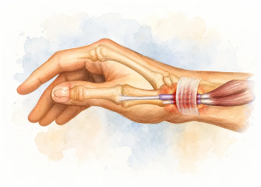 Inflamed thumb tendons in De Quervain's tenosynovitis