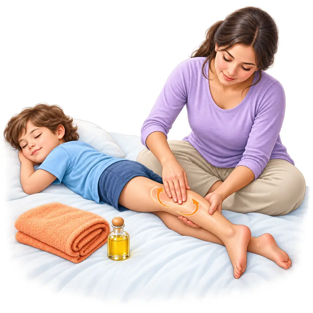 Massage the sore muscle gently, a warm cloth on the legs, and simple paracetamol if the pain is keeping the child awake. Most of all, sit with them.