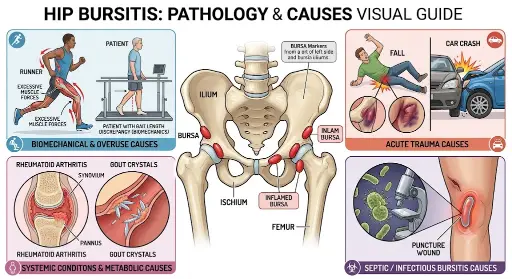 Hip bursitis causes chart - biomechanical overuse, acute trauma, inflammatory conditions and septic bursitis