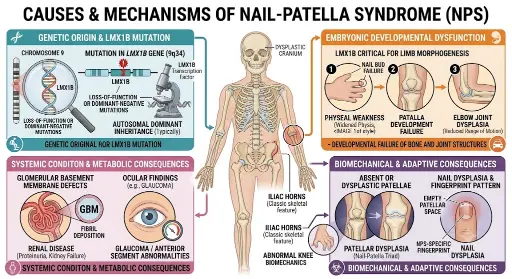 Nail patella syndrome mechanisms - LMX1B mutation, limb morphogenesis, iliac horns, kidney and eye involvement