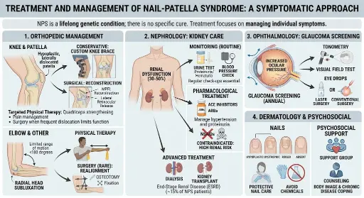 Nail patella syndrome management - orthopedic care, nephrology monitoring, annual glaucoma screening and nail care