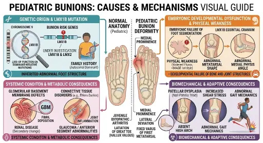 Causes of bunions in children - inherited foot shape, flat foot mechanics, metatarsus primus varus and footwear pressure