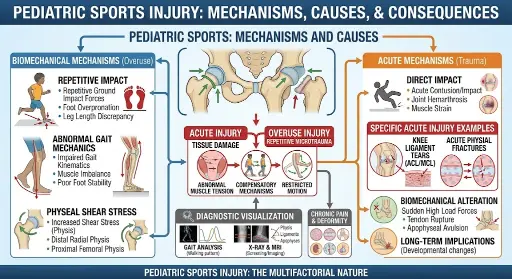 Pediatric sports injury mechanisms - repetitive impact, abnormal gait mechanics, physeal shear stress and acute traumatic mechanisms