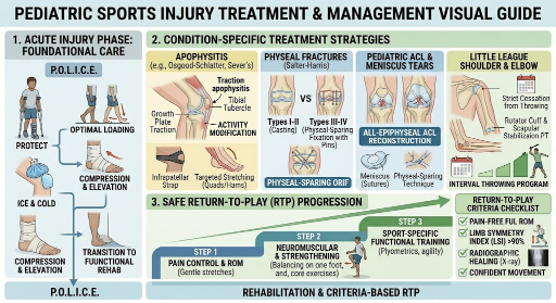 Pediatric sports injury treatment guide - POLICE protocol, condition-specific strategies and the return-to-play progression