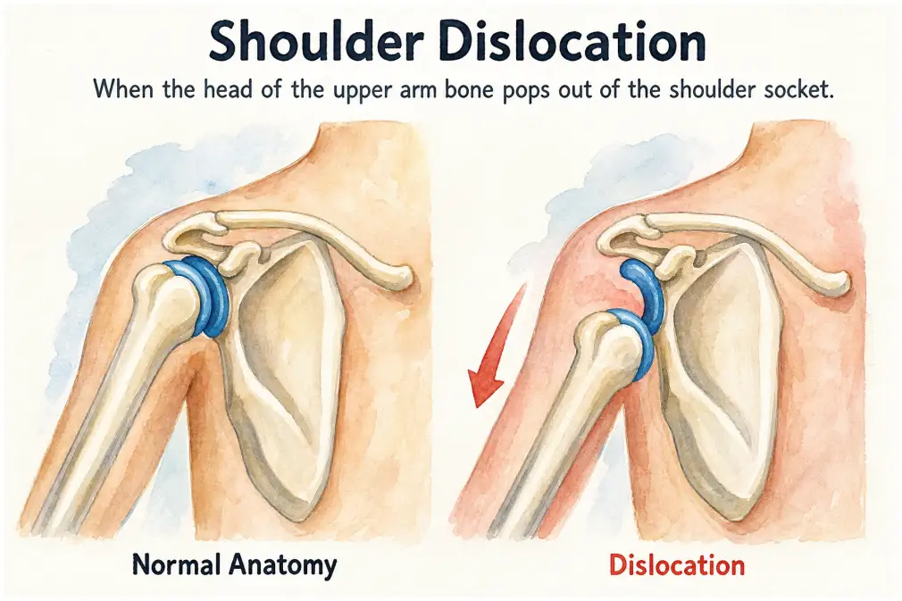 Normal shoulder compared with a dislocated shoulder