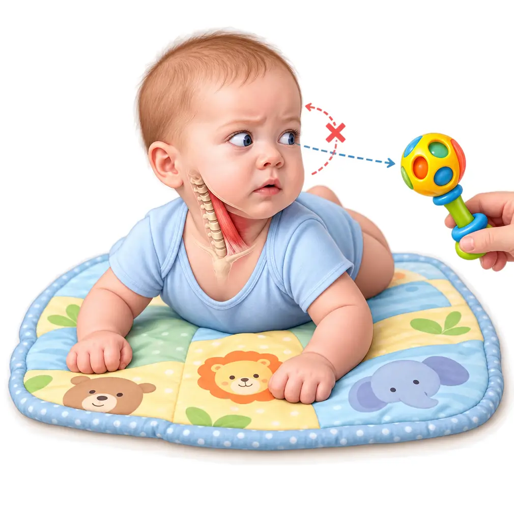The baby will not turn to look over one shoulder, always sleeps facing the same way, and feeds easily on one side but struggles on the other.