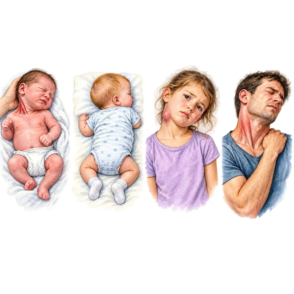 Congenital muscular is the commonest — 85 to 90 in 100. Positional comes from lying one way; acquired appears later; spasmodic affects adults.