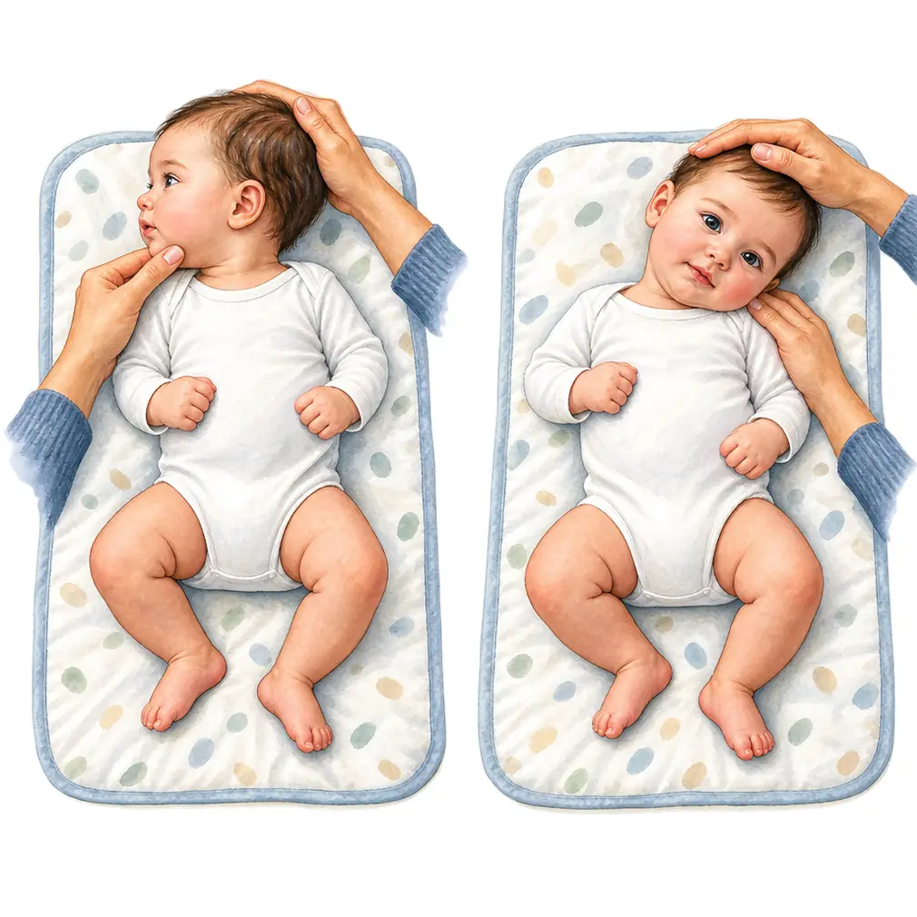 Turn the chin gently towards the tight side, then tilt the ear towards the opposite shoulder. Slow and gentle, several times a day. The parents do this — it is the treatment.