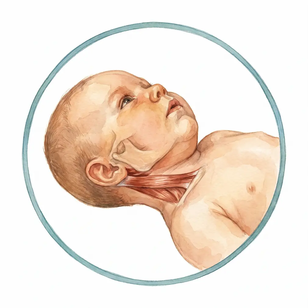 One tight muscle runs from behind the ear to the collarbone. It pulls the head into a tilt towards that side, with the chin turned away.